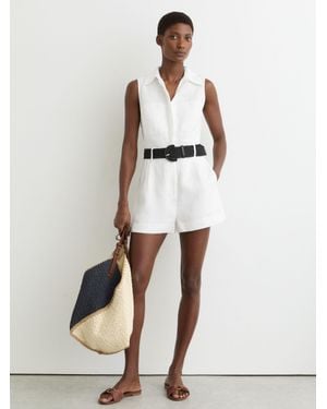 Reiss Taylor - Ivory Linen Sleeveless Belted Playsuit, Us 10 - Natural