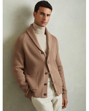 Reiss Ribbed Shawl-Collar Cardigan With Cotton And Wool - Brown