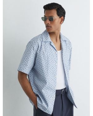 Reiss Cotton Medallion-Print Cuban-Collar Shirt - Blue