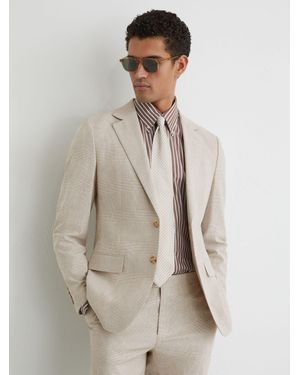 Reiss Linen-Cotton Single-Breasted Check Blazer Tailored-Fit - Natural
