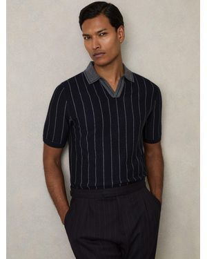 Reiss Huntsman - Navy Wool Open-collar Striped Polo Shirt, M - Blue
