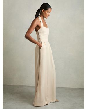 Reiss Viola - Cream Petite Embroidery Halterneck Wide-leg Jumpsuit, Us 4 - Natural