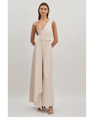 Halston Khi Wide Leg Jumpsuit Polyester Sequin - Natural