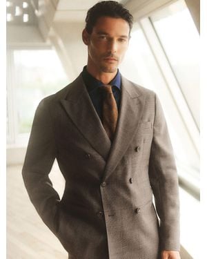 Reiss Wool-Blend Check Double-Breasted Suit Blazer Classic-Fit - Brown