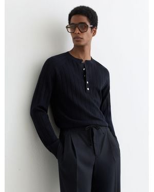 Reiss Wide-Rib Knit Henley Jumper - Blue