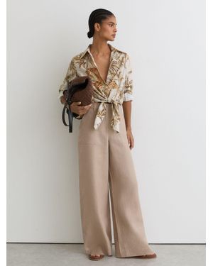 Reiss Cece - Neutral Cotton Safari-print Tie-front Shirt, Us 12 - Natural