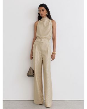 Reiss Jacquard Cowl-Neck Belted Jumpsuit - Natural