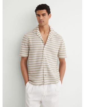 Reiss Oatmeal Striped Crochet Cuban-Collar Shirt - White