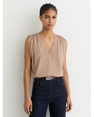 Reiss Renee - Taupe Neutral Cotton Gathered-detail V-neck Vest, L (us 12-14) - Blue