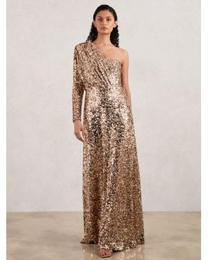 Halston Sequin One Shoulder Maxi Dress - Natural