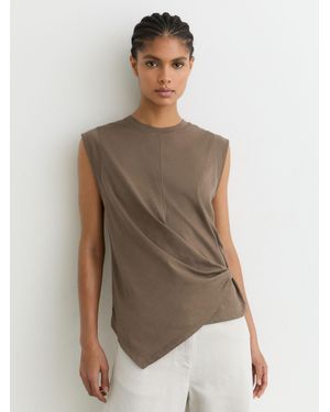 Reiss Tia - Khaki Green Cotton Drape Cap-sleeve T-shirt, Xs (us 2) - Brown