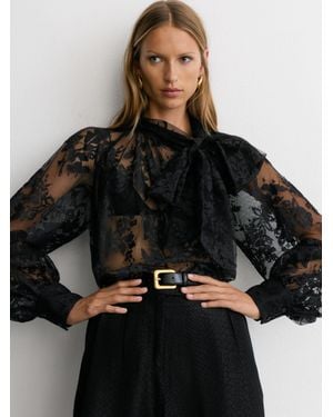 Reiss Tie-Neck Sheer Lace Blouse - Black
