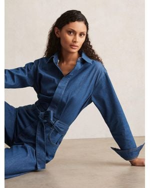 PAIGE Wide Leg Belted Denim Jumpsuit - Blue
