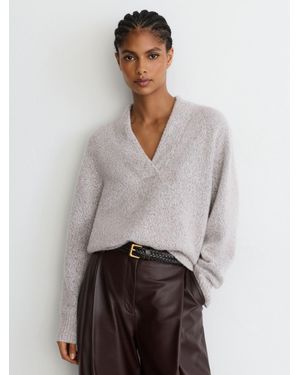 Reiss Cashmere-Blend Bouclé V-Neck Jumper - Grey