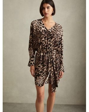 Reiss Neutral & Animal Print Wrap Belted Mini Dress - Brown