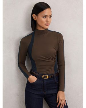 Reiss Camel Stretch-Lyocell Panel Ruched Bodysuit - Multicolour