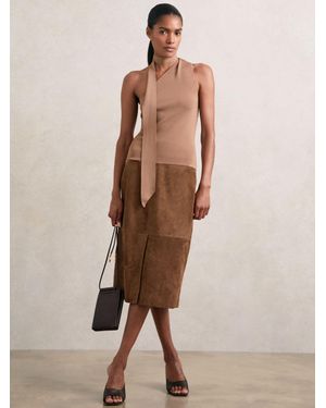 Reiss Suede Straight-Fit Midi Skirt - Natural