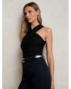 Reiss Alex - Black Cross-neck Textured Top, L - Blue