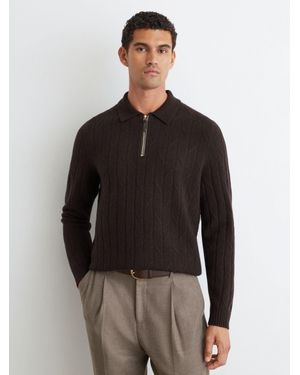 Reiss Wool Stitch-Detail Half-Zip Polo Jumper - Black