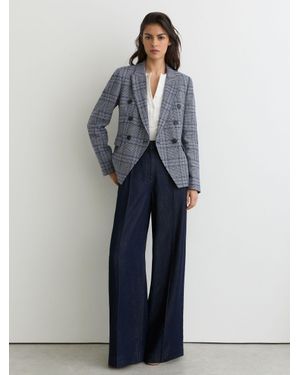 Reiss Check Larissa Double-Breasted Check Blazer Cotton-Linen - Blue