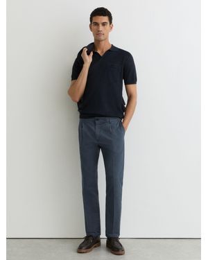 Reiss Pablo - Airforce Blue Cotton-linen Side-adjuster Tapered Trousers, 32