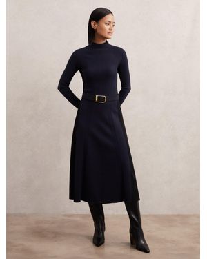 Reiss Zaya Petite Knitted Contrast-Panel Midi Dress - Blue