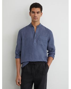 Reiss Linen Grandad-Collar Half-Button Shirt Regular-Fit - Blue
