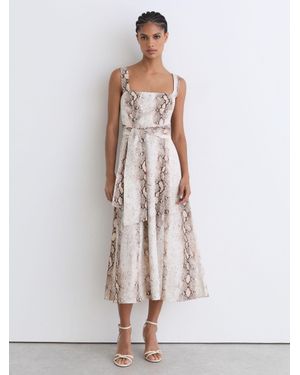Reiss Amy - Neutral Linen-blend Snake-print Midi Dress, Us 6 - Natural
