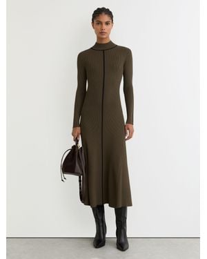 Reiss Polly - Khaki Green Petite Contrast-stitch Knitted Midi Dress, S (us 4-6) - Natural
