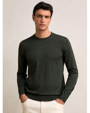 Reiss Wessex - Dark Military Green Merino Wool Crew-neck Jumper, M - Black
