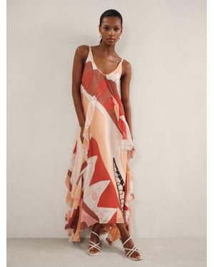Reiss Sasha - Cream/red Printed Ruffle Trim Maxi Dress, Us 2 - Multicolour