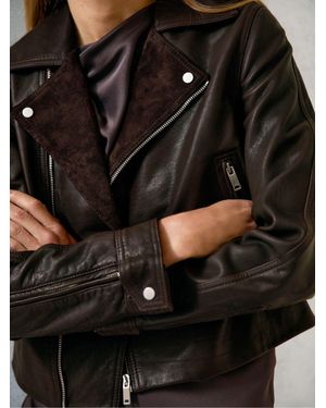 Reiss Lidia Petite Suede-Lapel Leather Biker Jacket - Black