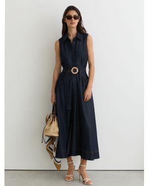 Reiss Remi - Indigo Blue Button-front Belted Denim Midi Dress, Us 2