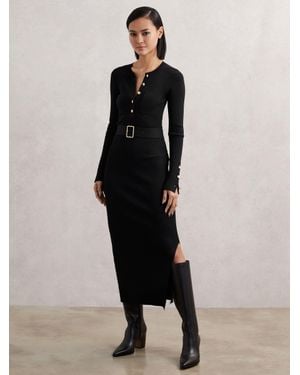 Reiss Buttoned Rib-Knit Midi Dress - Black