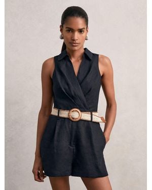 Reiss Linen Belted Sleeveless Wrap Playsuit - Blue