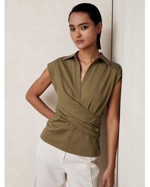 Reiss Stretch-Cotton Wrap-Front Collar Top - Brown