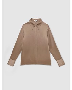 Reiss Ameira Silk-Satin Concealed-Placket Shirt - Brown