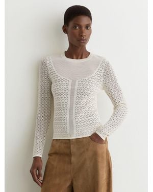 Reiss Bella - Ivory Pointelle-knit Long-sleeve Top, Xl (us 16-18) - Natural