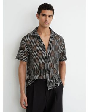 Reiss Carlos - Black Checkerboard Crochet Cuban Collar Shirt, 2x-large - Grey