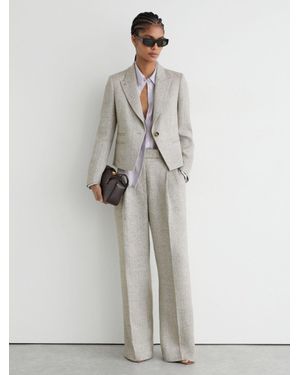 Reiss Herringbone Linen-Blend Cropped Suit Blazer - White