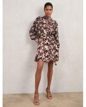 Reiss Burgundy & Cream Printed Tie-Waist Flippy Mini Dress - Natural