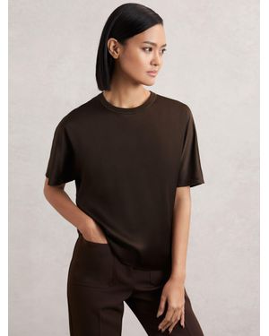 Reiss Lena - Chocolate Brown Silk Short-sleeve Top, Us 10 - Black