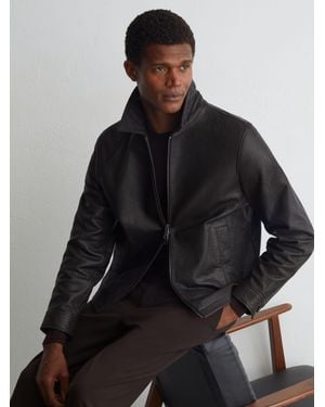Reiss Ortega - Dark Brown Leather Collared Zip-through Jacket, Xxl - Black