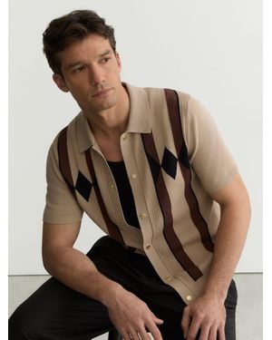 Reiss Argyle-Knit Press-Stud Polo Shirt - Brown