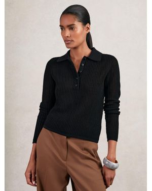 Reiss India - Black Open-knit Long-sleeve Polo Top, S (us 4-6)