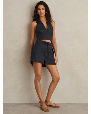 Reiss Cara - Navy 100% Linen Beach Shorts, 16 - Blue