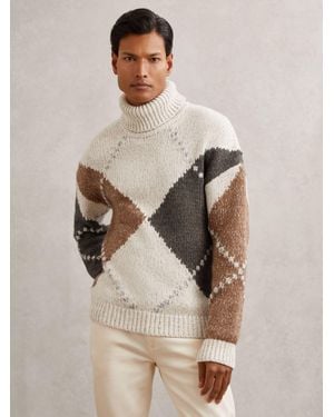 Reiss Wool-Blend Roll-Neck Argyle Jumper - Natural