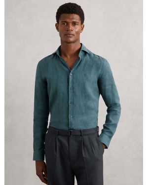Reiss Ruban - Orion Blue Linen Cutaway-collar Regular-fit Shirt, L