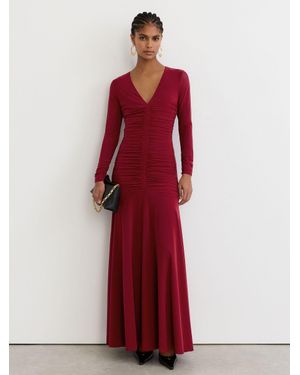 Reiss Ruched Mesh Long-Sleeve Maxi Dress - Red