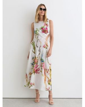 Reiss Bianca - Ivory Linen Floral-print Cut-out Midi Dress, Us 12 - White
